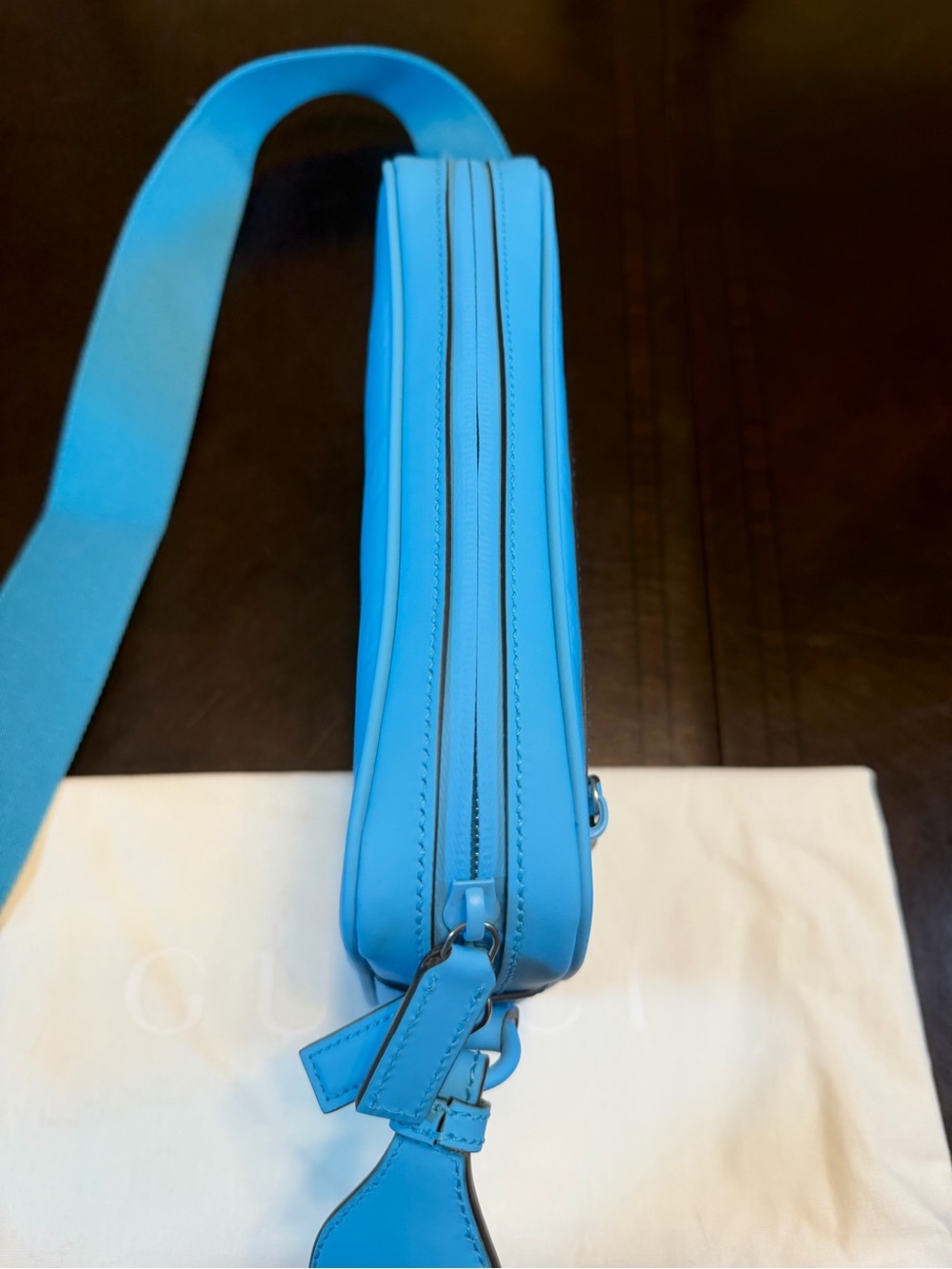 New Authentic Gucci GG Supreme Logo Blue Leather Shoulder Bag - Picture 8 of 16